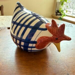 VTG Hand Painted Blue & White Plaid Ceramic Chicken Figurine